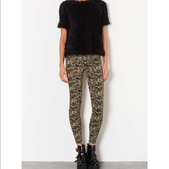 Topshop Pants - TopShop Floral Gold Glitter Metallic Leggings SZ 4